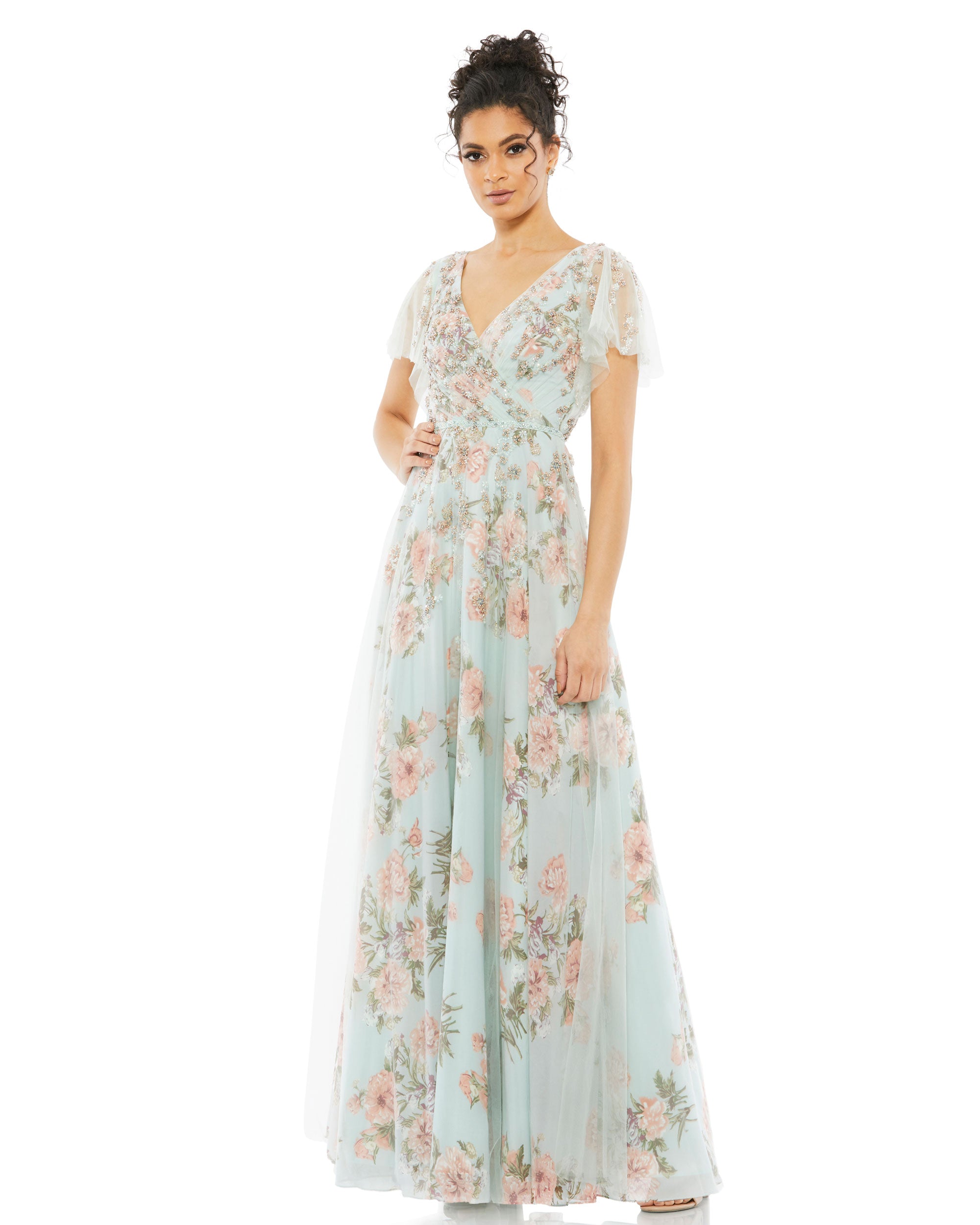 Floral Flutter Sleeve V-Neck Maxi Dress ...